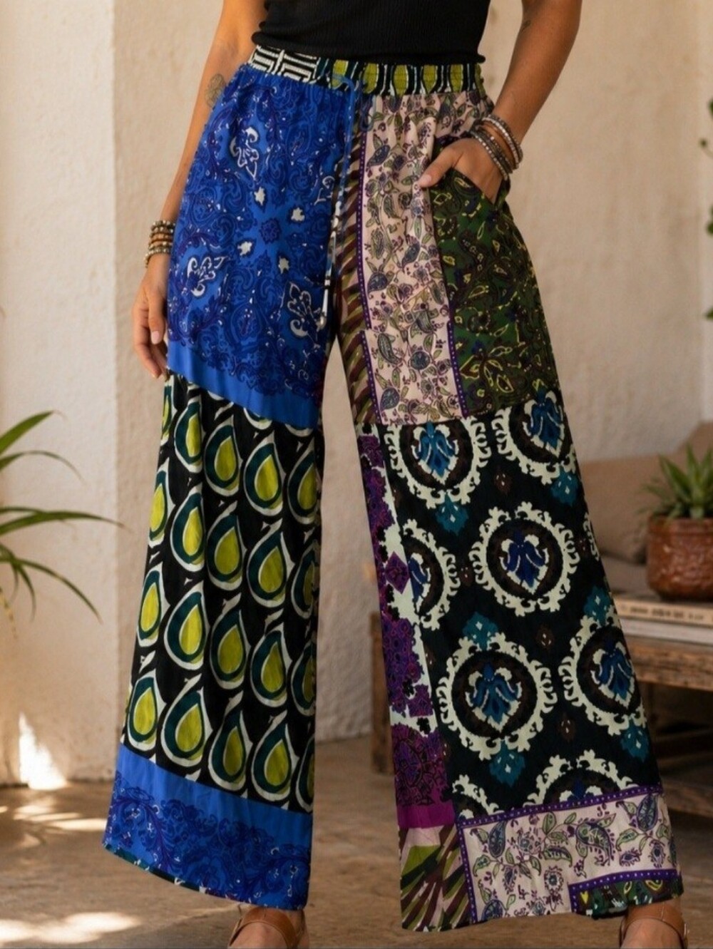 Zara L Multi-Pattern Patchwork Wide Leg Pants Boho